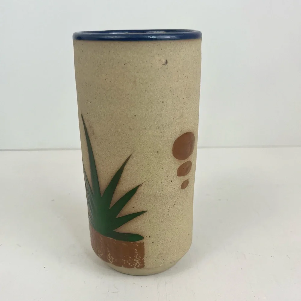 Tonala Mexican Pottery Hand Painted Art Man In Sombrero Cactus Signed 6” Vase